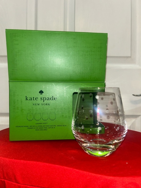 kate spade Other - kate spade Clear Stemless Wine Glass with Green Base and White/silver Polka Dots